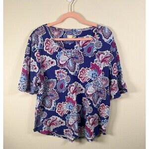 Chico's Womens Blue/Pink/White Paisley Crew Neck Short Sleeve Blouse - 3